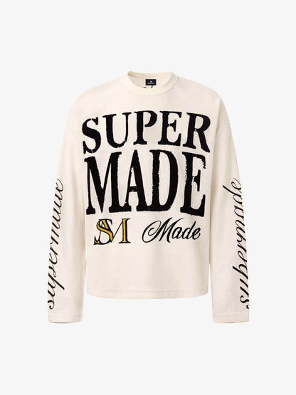 Retro Letter Print Waffle Simplicity Long-Sleeved T-Shirt