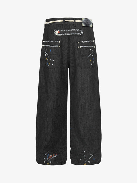 Street Contrast Artistic Graffiti Drawstring Jeans 