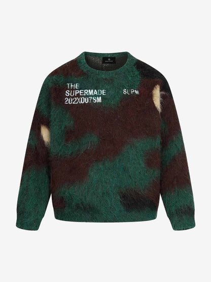 Embroidered Camouflage Shaggy Knitted Sweater
