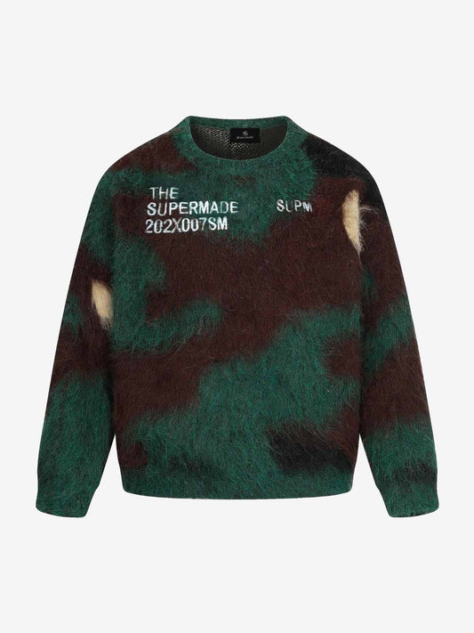 Embroidered Camouflage Shaggy Knitted Sweater
