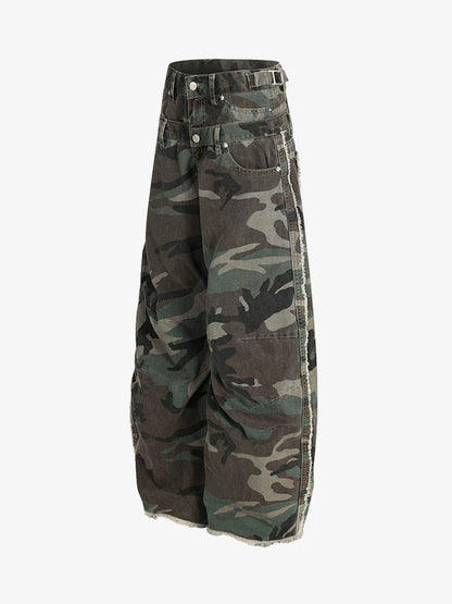 Retro Double Waist Camouflage Barrel Jeans