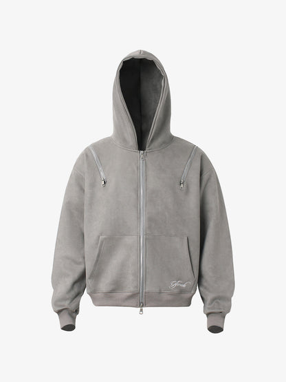 Suede Double-Ended Zippered Cropped Hooded Jacket 