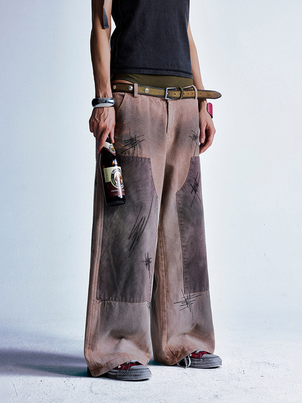 Scratched Patchwork Distressed Embroidered Work Jeans 