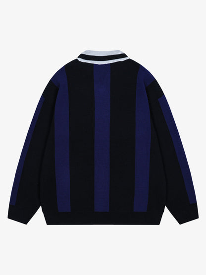 Vertical Striped Colorblock Lapel Sweater