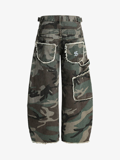 Retro Double Waist Camouflage Barrel Jeans