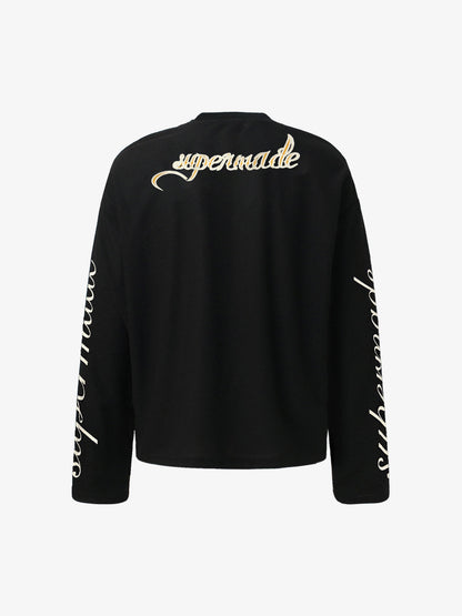 Retro Letter Print Waffle Simplicity Long-Sleeved T-Shirt