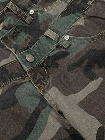 Retro Double Waist Camouflage Barrel Jeans