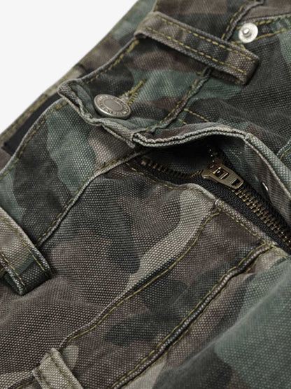 Retro Double Waist Camouflage Barrel Jeans