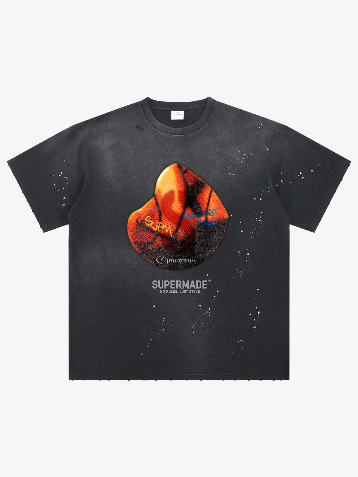 thesupermade-Cotton Basketball Print T-Shirt with Graffiti Design and Splatter Effect for Streetwear Fashion 