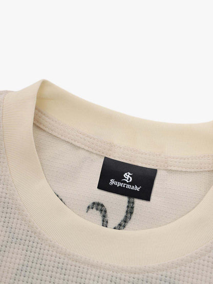 Retro Letter Print Waffle Simplicity Long-Sleeved T-Shirt