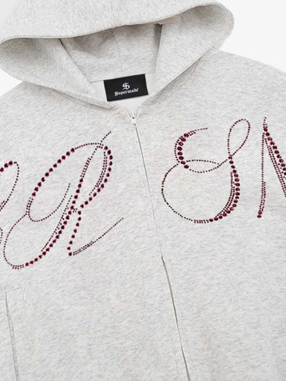 Street Hip-Hop Rhinestone Cropped Hooded Sweatshirt
