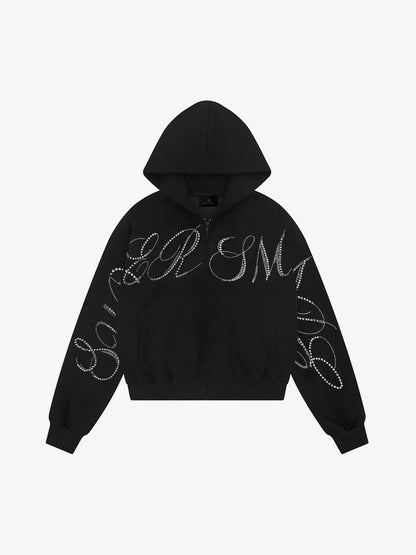 Street Hip-Hop Rhinestone Cropped Hooded Sweatshirt