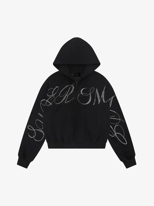 Street Hip-Hop Rhinestone Cropped Hooded Sweatshirt