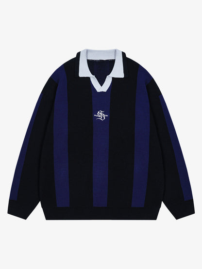 Vertical Striped Colorblock Lapel Sweater