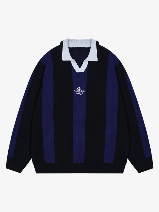 Vertical Striped Colorblock Lapel Sweater