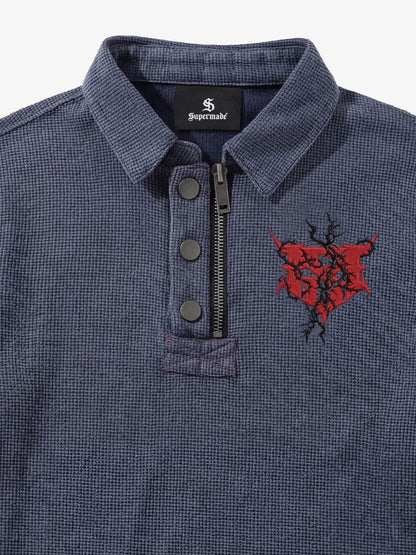 Cotton Blend Textured Polo Shirt with Red Embroidered Logo and Zipper Detail 