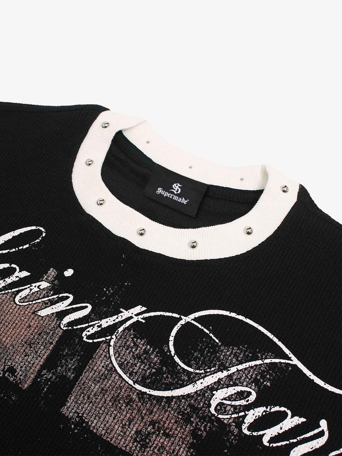 Cotton Blend Oversized Graphic T-Shirt with Cross Print and Embellished Collar?