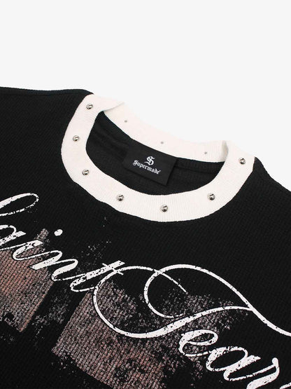 Cotton Blend Oversized Graphic T-Shirt with Cross Print and Embellished Collar?