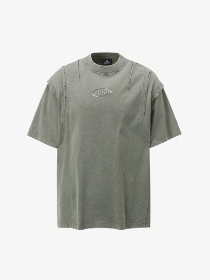 Cotton Blend Oversized T-Shirt with Distressed Denim Panels and Minimalist Logo Design?