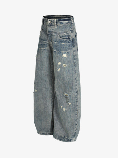 High Waist Distressed Barrel Denim Jeans
