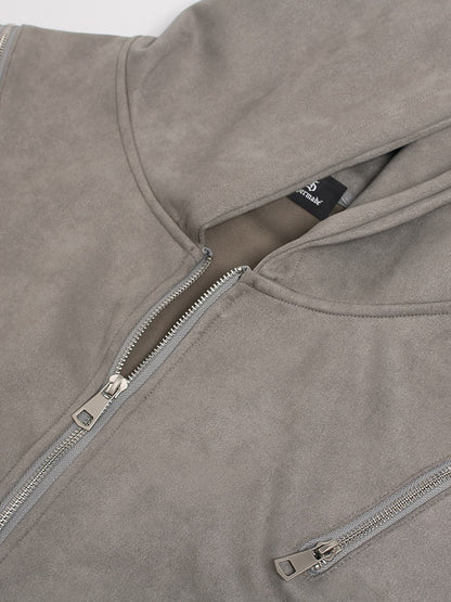 Suede Double-Ended Zippered Cropped Hooded Jacket 