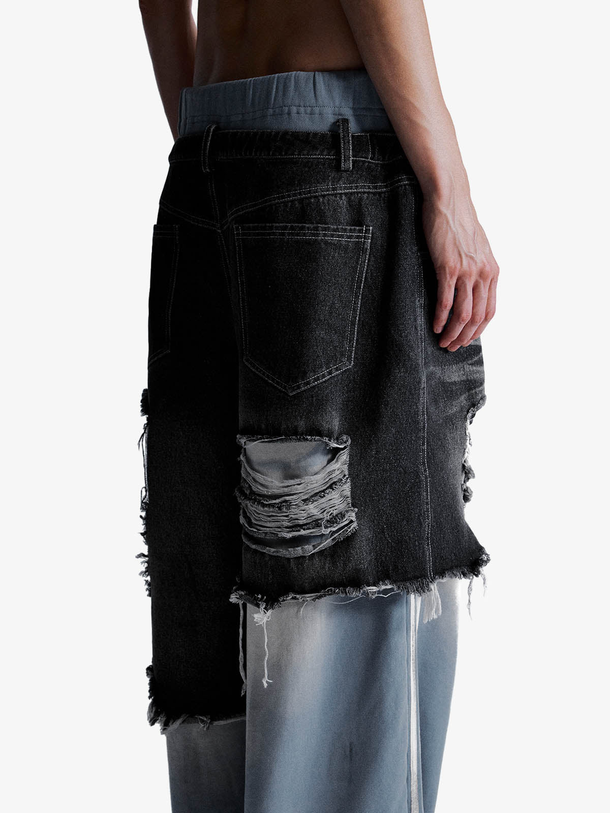 Double-waistband Denim Patchwork Ripped Casual Pants 