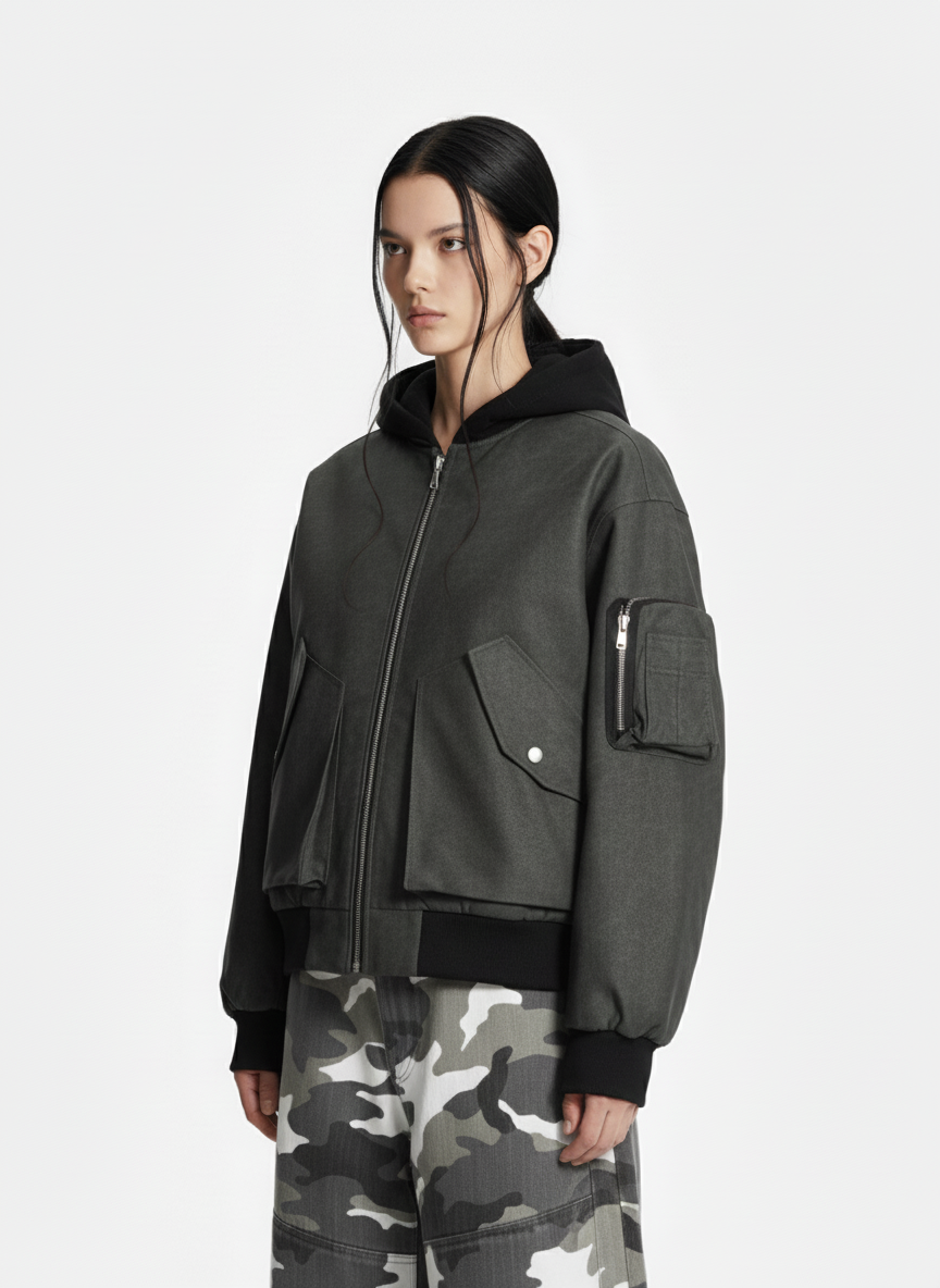 Patchwork Faux Leather Hooded Two-Piece Jacket