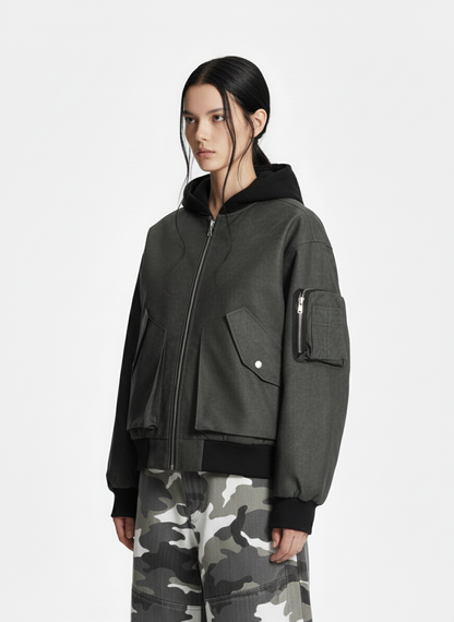 Patchwork Faux Leather Hooded Two-Piece Jacket