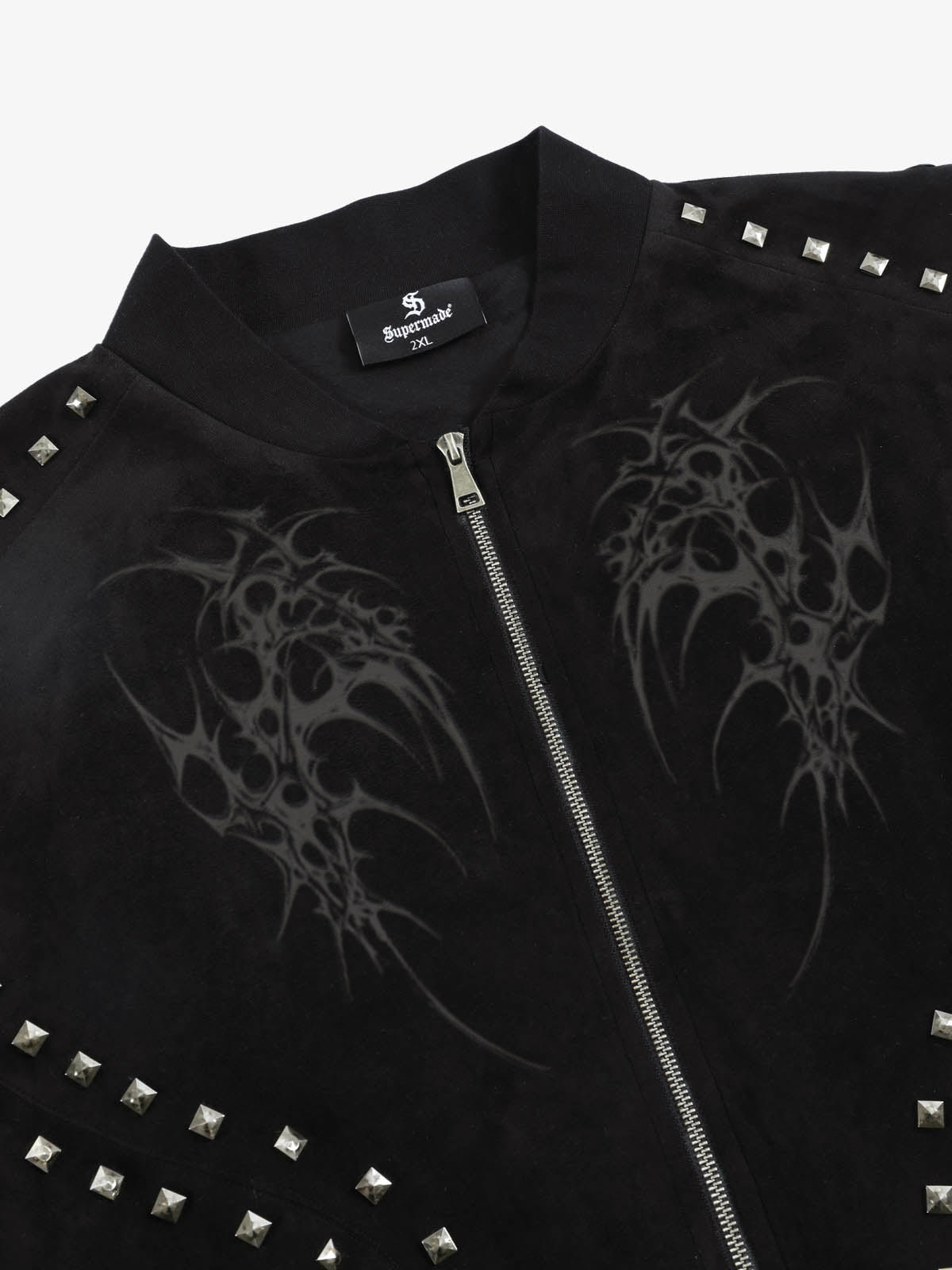 Suede Punk-Style Double-sided zipper Bomber Jacket with Studs Embroidery and Printing Techniques?