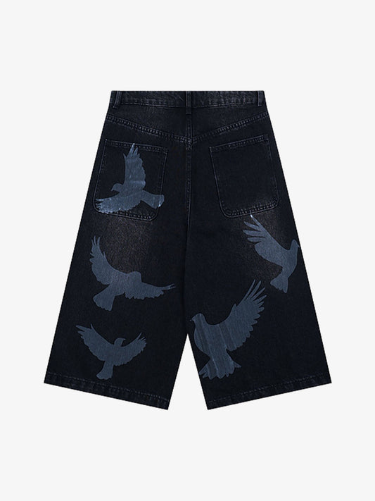 Stylish Denim Shorts with Flying Bird Prints for Summer Outfits 