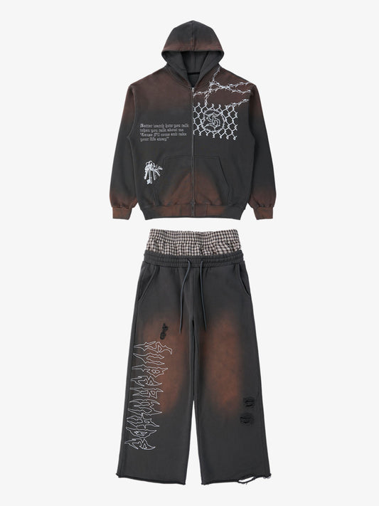 Supermade Vintage Distressed Print Patchwork Sweatshirt Set 