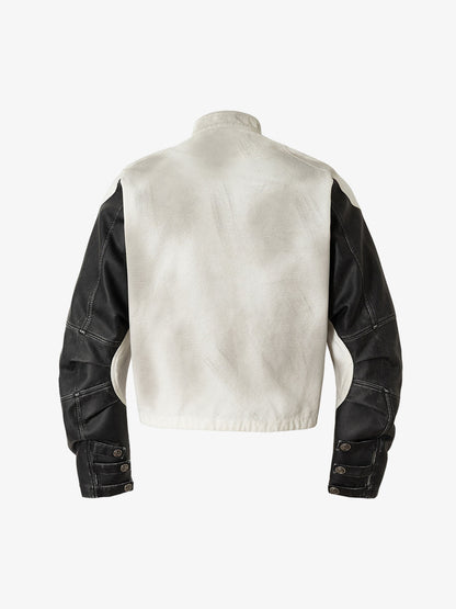 Skull Print Paneled Stand-up Collar Leather Jacket 