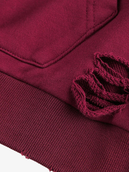 Street Distressed Half-Zip Ripped Hoodie 