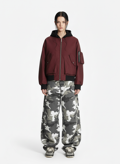 Patchwork Faux Leather Hooded Two-Piece Jacket