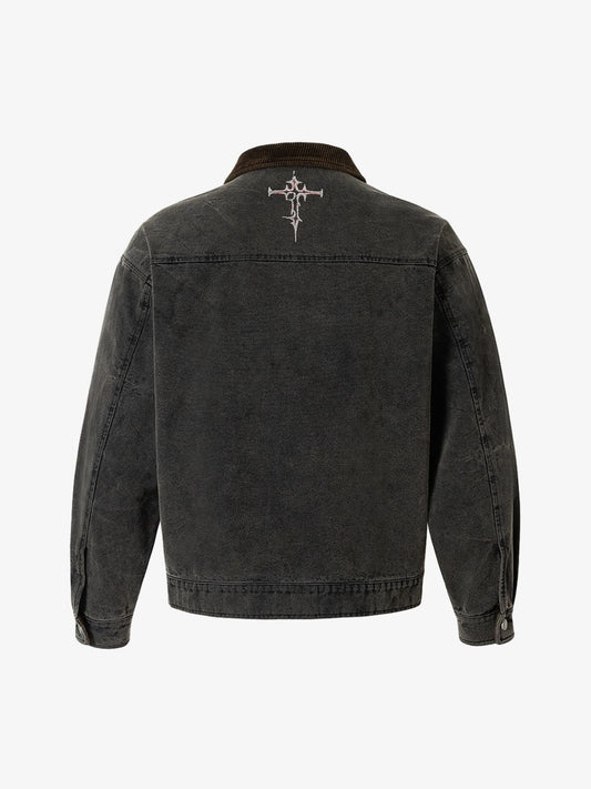 Washed And Distressed Dark Graffiti Patchwork Jacket 