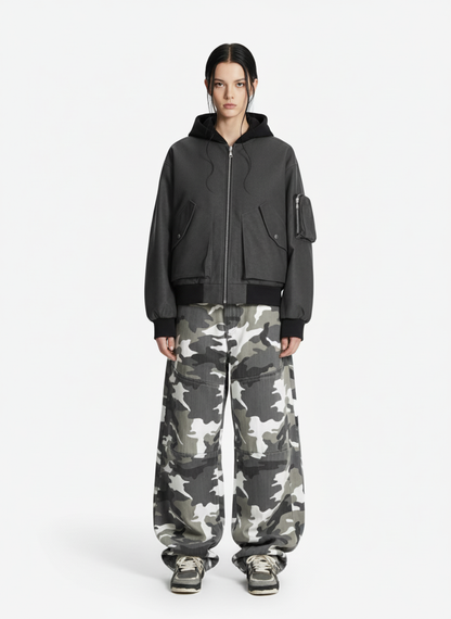 Patchwork Faux Leather Hooded Two-Piece Jacket