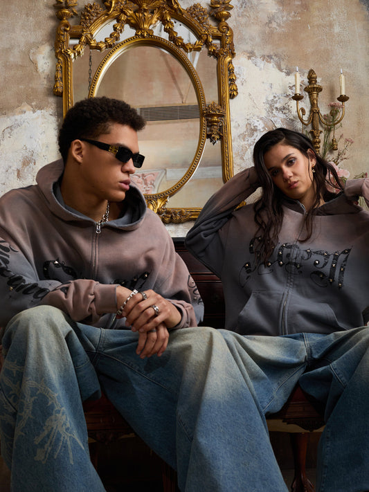 Supermade Vintage Distressed Studded Gothic Font Zipper Sweatshirt?