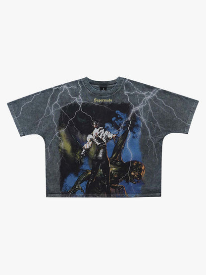 300G Jade Pattern Dyed Cotton T-Shirt with Lightning Graphic Print Oversized Streetwear Tee?