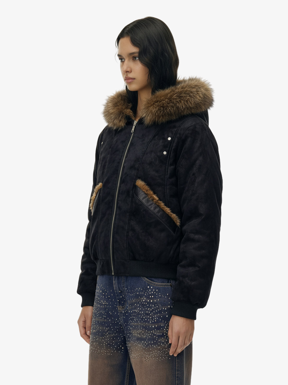 Retro Detachable Faux Fur Collar Suede Fleece Hoodie Jacket