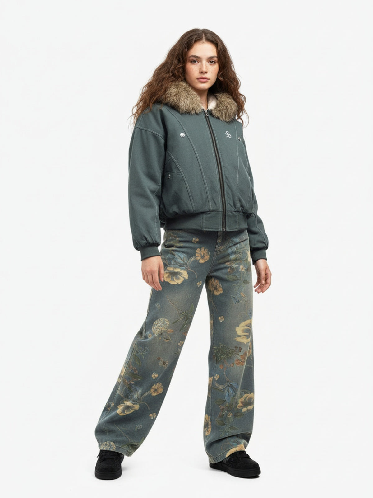 Faux Fur Lined Zip Up Hooded Bomber Jacket