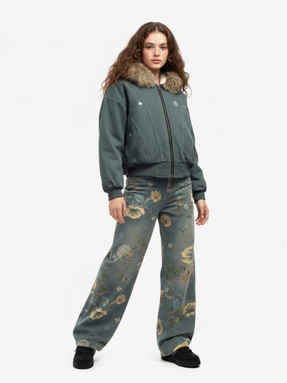 Faux Fur Lined Zip Up Hooded Bomber Jacket