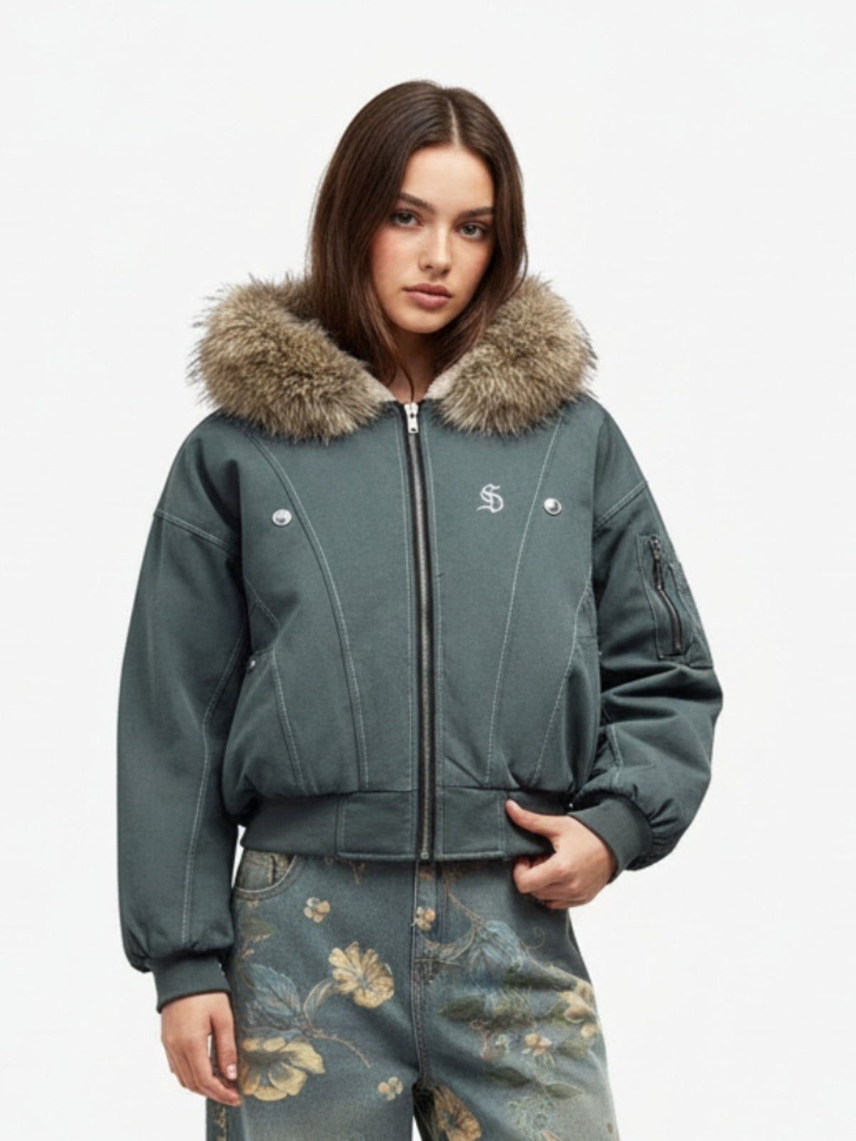 Faux Fur Lined Zip Up Hooded Bomber Jacket