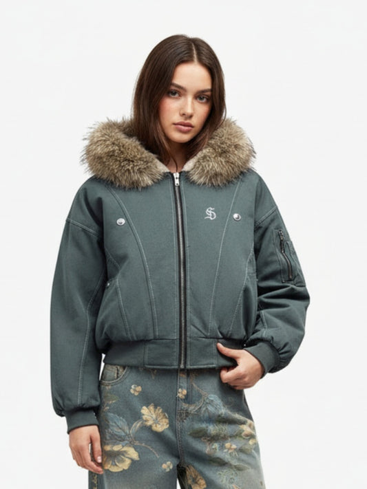 Faux Fur Lined Zip Up Hooded Bomber Jacket