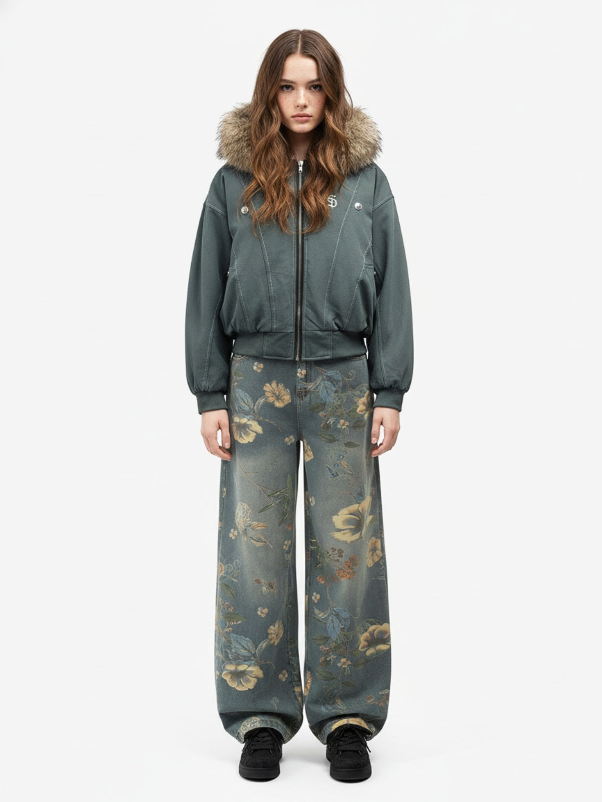 Faux Fur Lined Zip Up Hooded Bomber Jacket