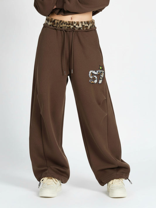 Retro Double-Waist Leopard Patch Barrel Pants