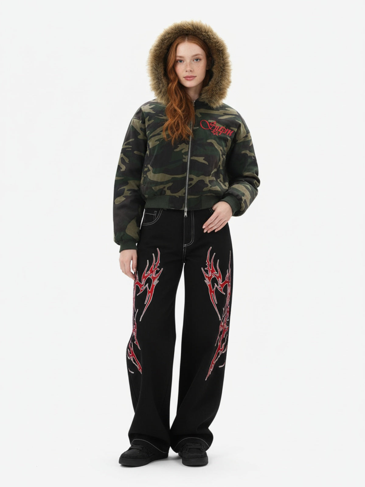 Contrast Flame Embroidered Baggy Jeans - 2364