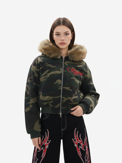 Embroidered Detachable Fur Hooded Jacket
