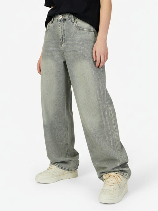 Retro Denim Rhinestone Striped Baggy Jeans - 2494