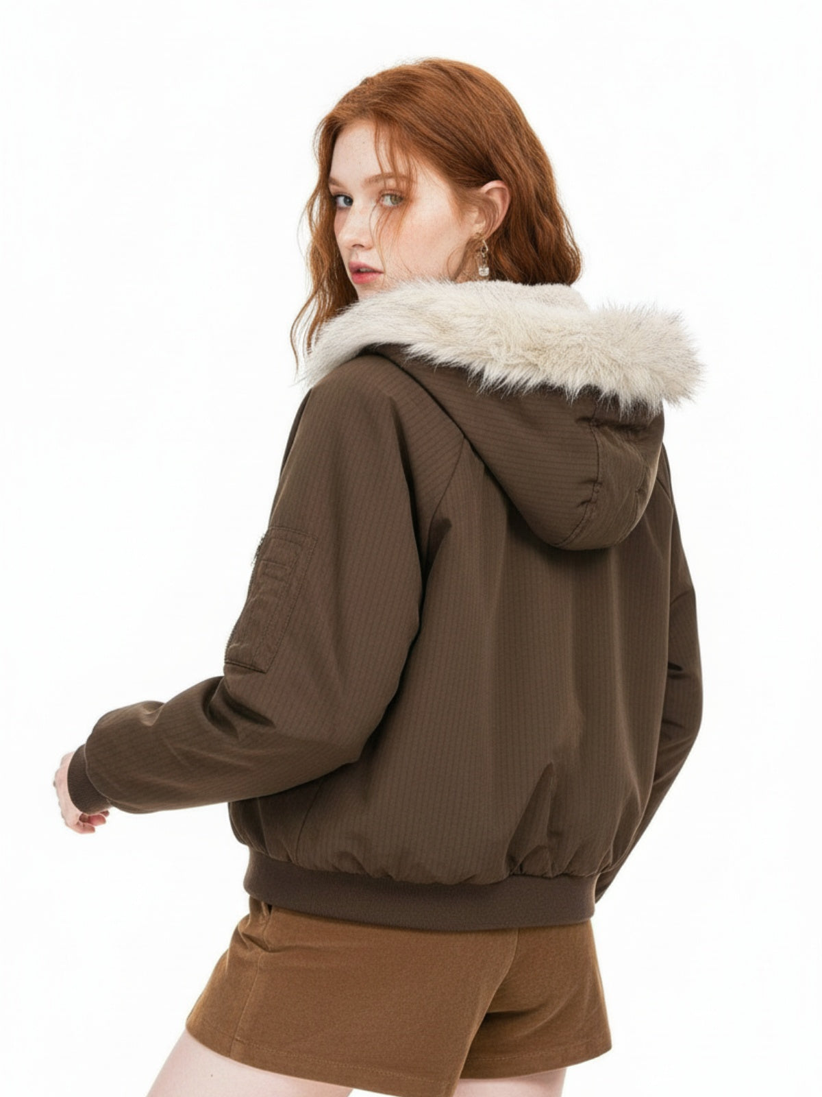 Retro Fur Hooded Fleece Bomber Jacket - 2478