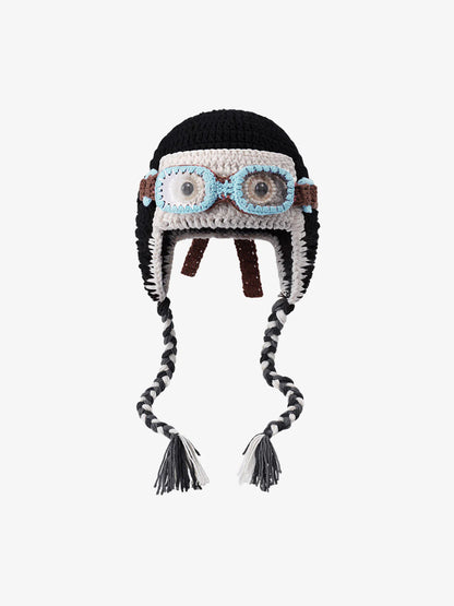 Colorblock Crochet Goggles Trapper Hat